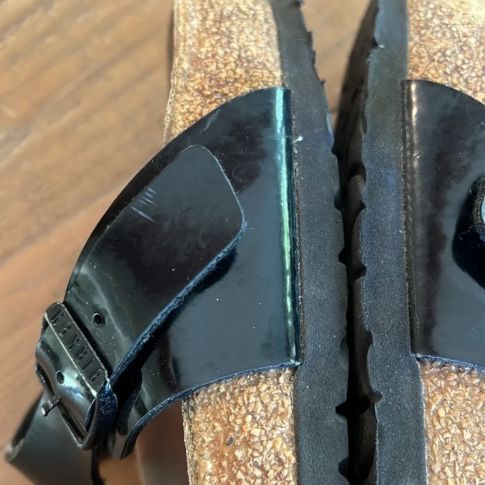 Birkenstock Gizeh Black Patent Leather Cork Sandals Thongs EU 38 US 7